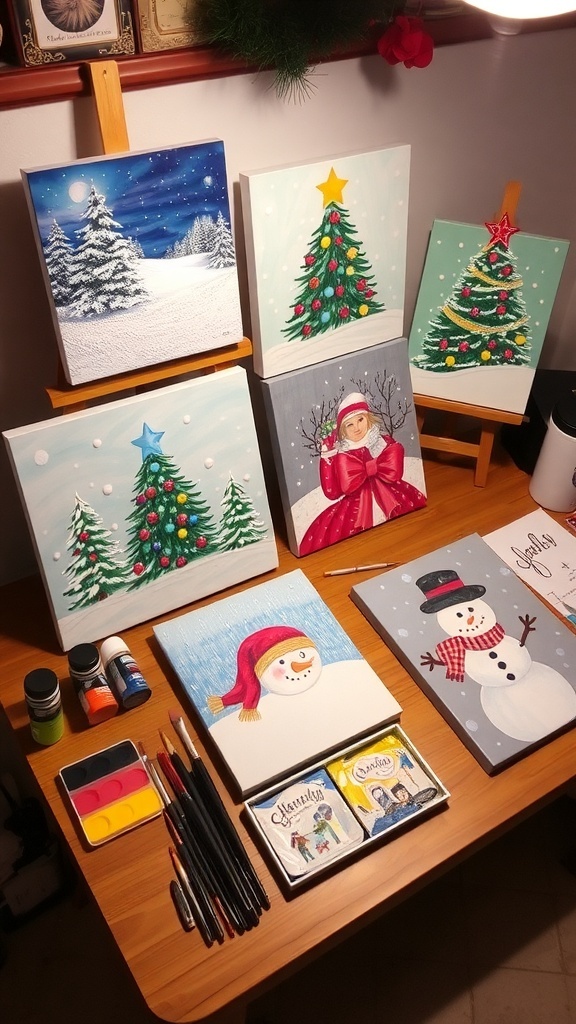 A collection of easy Christmas canvas paintings showcasing festive designs like a Christmas tree and snowman.